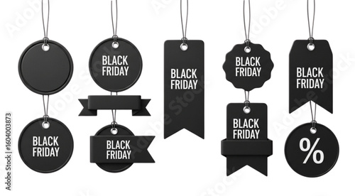 Illustration of multiple black friday sale tags in various shapes hanging from strings on a white background
