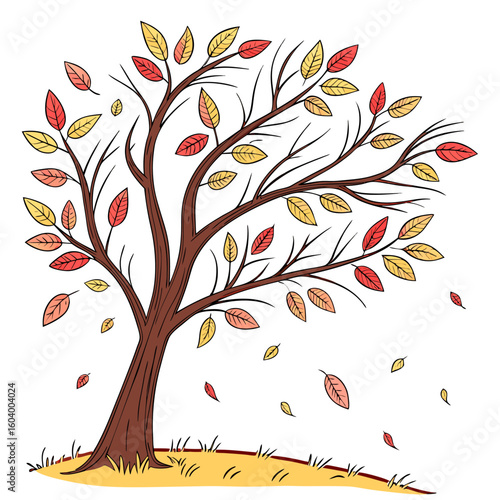 Illustration of a tree with brown trunk and branches, with red, yellow and orange leaves falling down