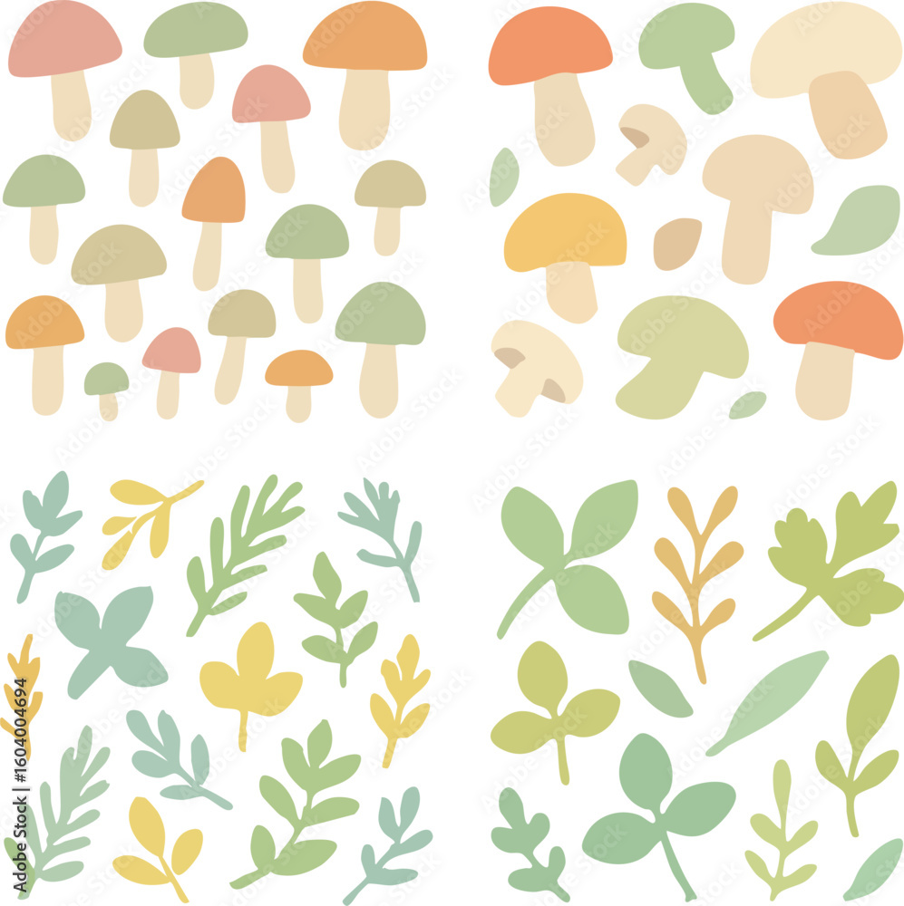 Fototapeta premium Cute Mushroom and Leaf Illustration.