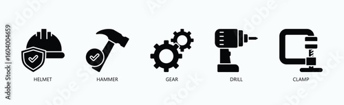 Essential Tools And Gear For Construction And Engineering Icon Set Vector Illustration Concept With Icon Of Helmet, Hammer, Gear, Drill, Clamp In Glyph Style