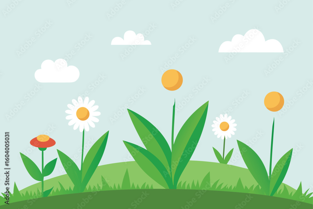 Fototapeta premium Green grass field with daisies and clouds flowers