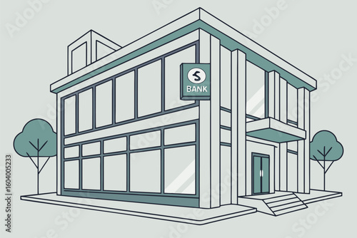 Illustration of a two story bank building with large windows and trees on either side of the entrance