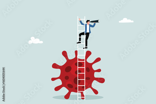 New normal business vision after the Virus pandemic, causing financial crisis and economic recession concept, business leader holding a telescope on a ladder above the Virus pathogen.