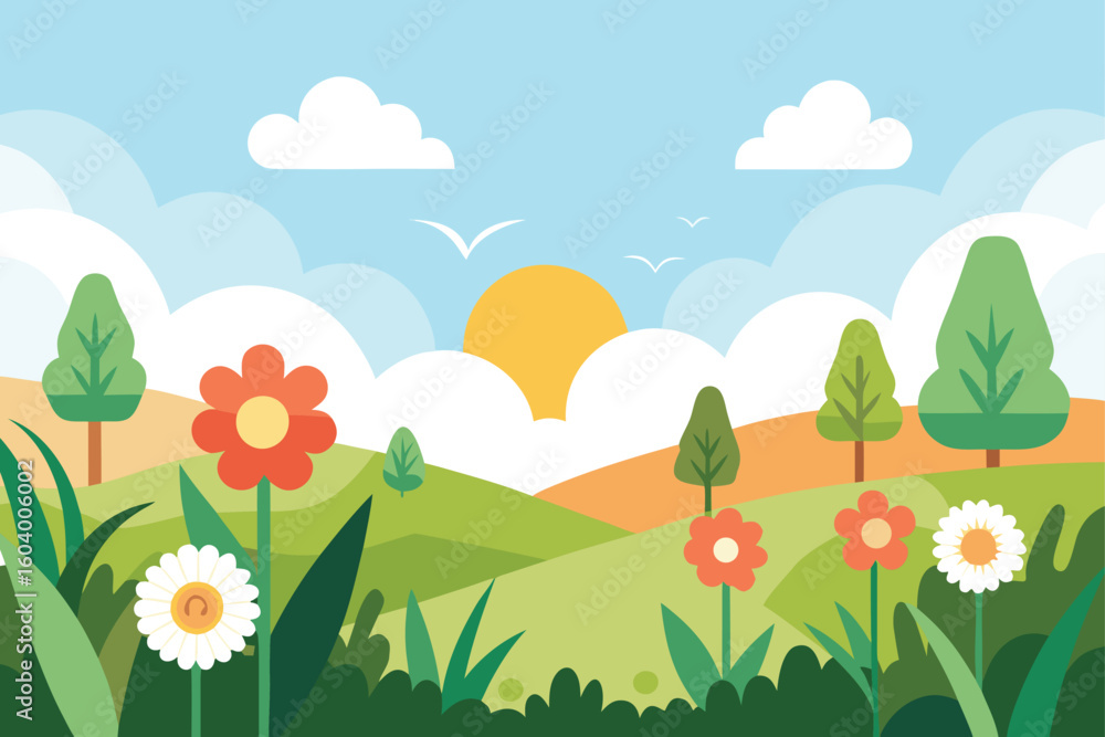 Fototapeta premium Green hills with orange flowers and trees under a blue sky with clouds and sun spring nature