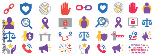 World Day Against Trafficking Icon Set Featuring Justice, Awareness, and Human Rights Symbols