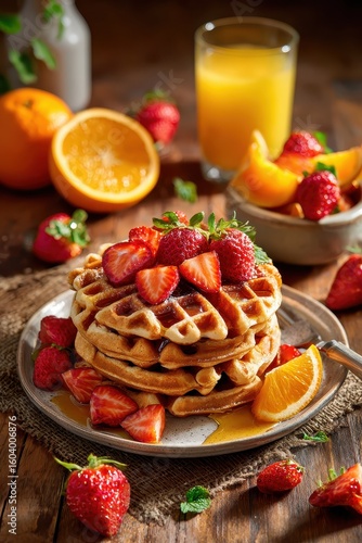 Stack of waffles topped with fresh strawberries, accompanied by orange juice and orange slices