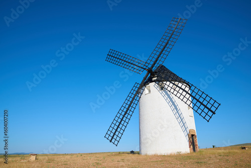 View of a traditional windmill in Malanquilla, Zaragoza Province, Aragon in Spain.