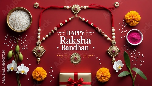 Traditional Raksha Bandhan Flat Lay with Rakhis, Flowers, Rice, and Gift Box on Red Background – AI-Generated