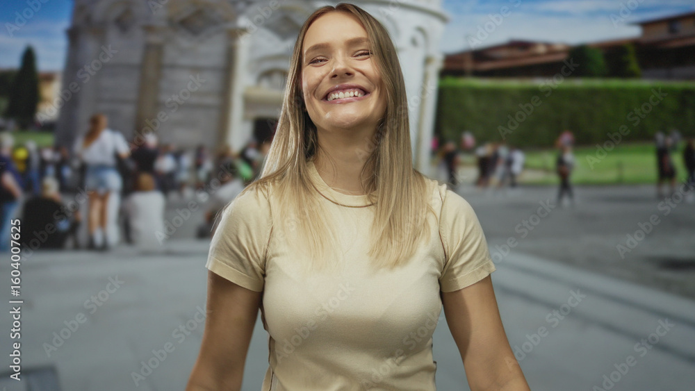Fototapeta premium Woman smiling outdoors in front of pisa tower making a gesture while surrounded by a crowd on a sunny day in an italian city street.