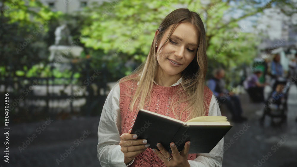 Obraz premium Woman reading book outdoors in park surrounded by greenery and people enjoying free time