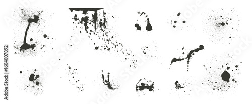 Black urban street paint rough blots set. Ink spray splashes and splatter. Grunge graffiti art drops sprayed. Grain textured elements of dirty stencil on wall. Vector hand drawn messy spots and blobs.