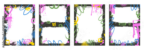 Grunge double black frame template with paint doodles. Graffiti spray art layout backgrounds set. Borders with airbrush paint lines and crown. Ink punk decor for photo. Vector diptych texture overlay.