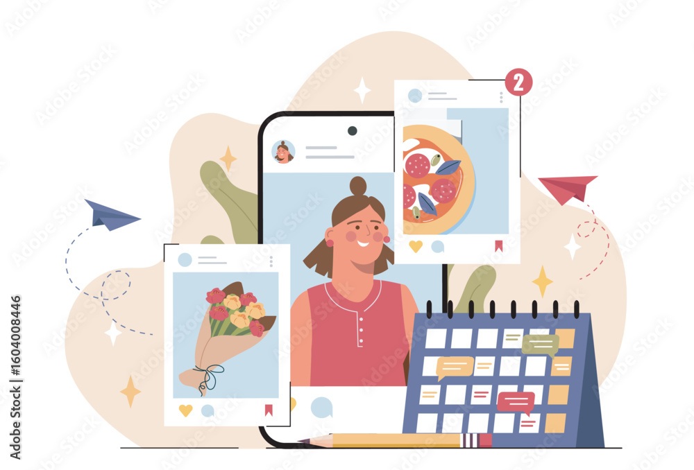 Obraz premium Colorful flat style design showing a woman on a smartphone screen surrounded by social media posts, calendar, and paper planes on a white background. Vector illustration