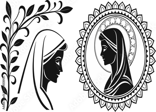Elegant monochrome silhouette of Virgin Mary with floral corner and mandala, evoking faith and grace for spiritual designs and religious symbolism