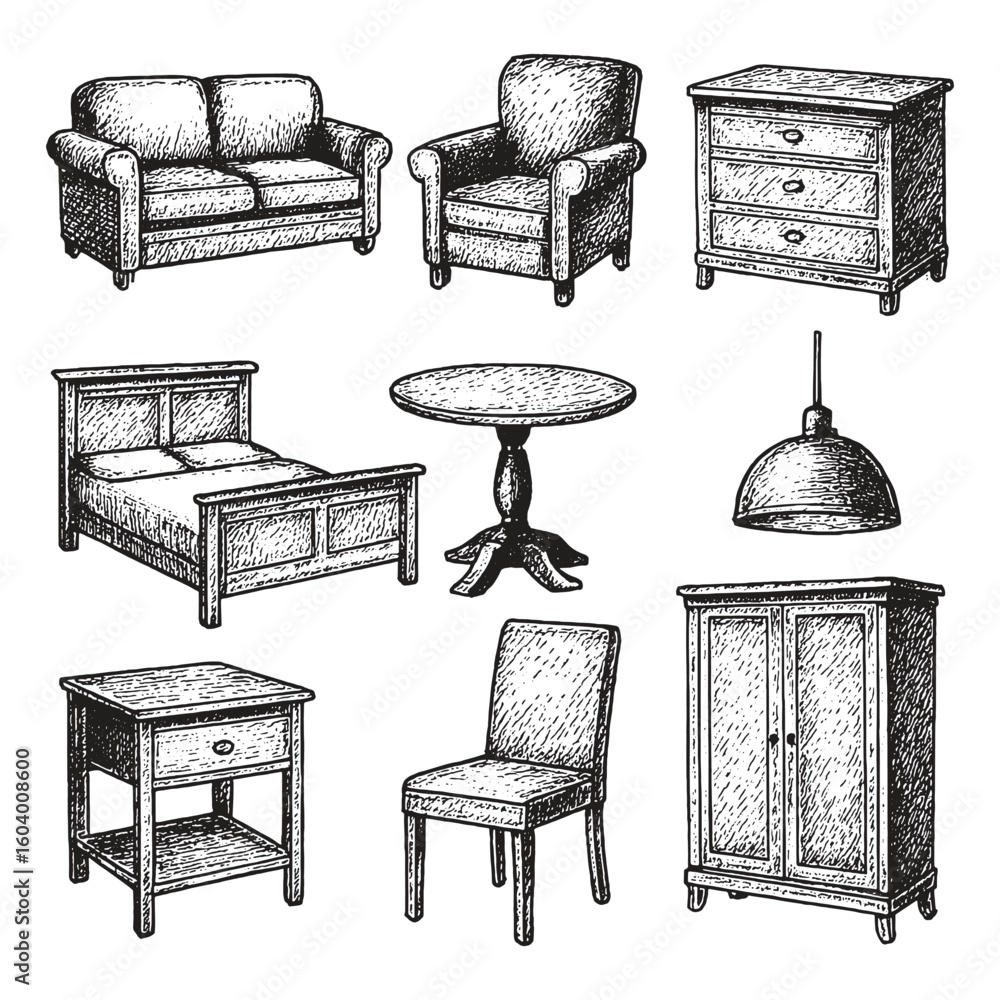 Fototapeta premium Detailed vintage sketch of various furniture items including sofas, chairs, tables, and cabinets in hand-drawn style.