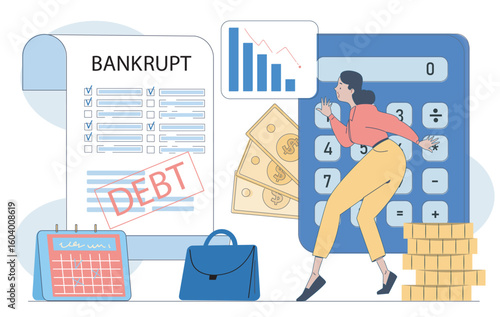 Woman stressed by bankruptcy, large calculator, money, and documents on white background, showing financial crisis and economic burden. Vector illustration