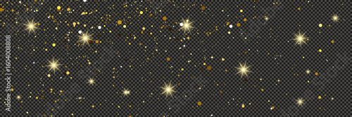 Gold glittering dust with stars on transparent backdrop