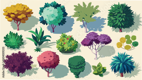 Colorful hand drawn vector illustrations of various trees and shrubs with transparent background for design projects.