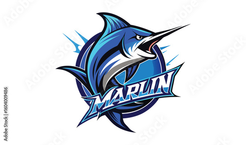 Dynamic blue marlin emblem with sharp fins and jagged text