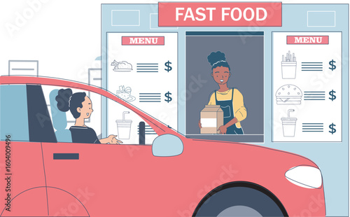 Woman in car receiving food at fast food drive-thru window, flat cartoon style, on plain white background, concept of quick meal takeaway. Vector illustration