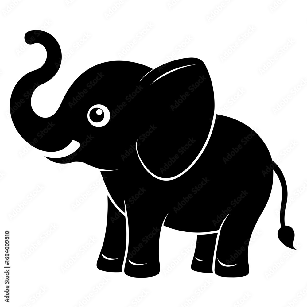 Obraz premium Baby Elephant with Trunk Up vector clean black silhouette design white background