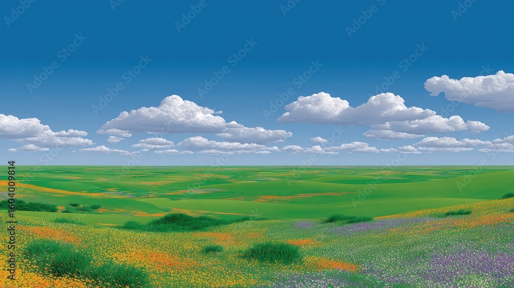 Fototapeta premium Vibrant Meadow Landscape Under Bright Blue Sky with Fluffy White Clouds and Colorful Wildflowers in Springtime