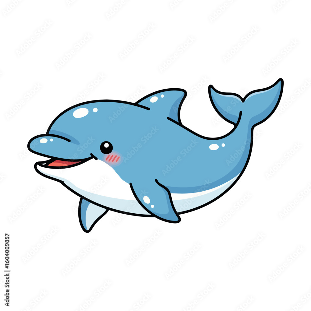 Cheerful Cartoon Dolphin with Bright Blue Body, Blush Cheeks, and Glossy Skin Facing Left on White Background