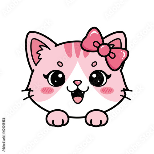 Cute Light Pink Cartoon Cat with Bow and Blush Peeking Over Edge in Vector Style on White Background
