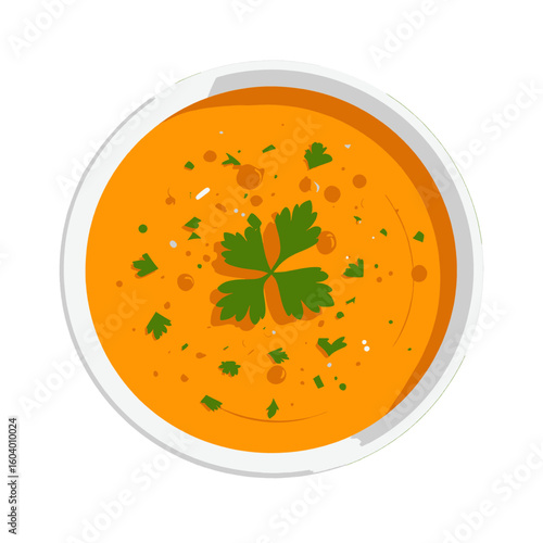 Vibrant orange cream soup in a white bowl, garnished with fresh parsley and spices, top-down view illustration.