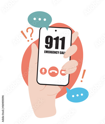 A hand holding a smartphone showing 911 emergency call screen, flat cartoon style, on a white background with alert symbols, concept of emergency communication. Vector illustration