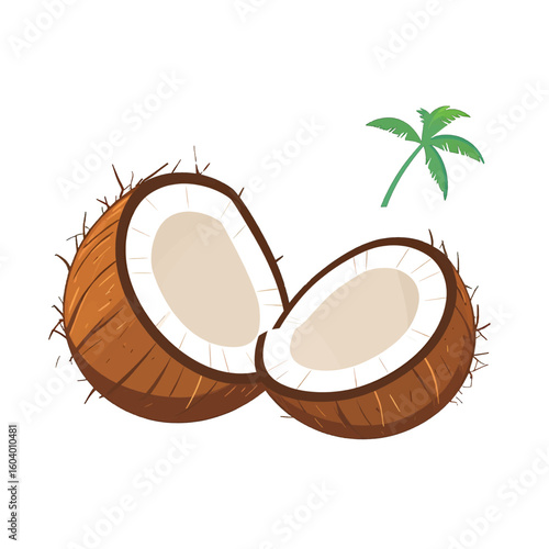 Stylized illustration of a hairy brown coconut cracked open into two halves, revealing its white inner flesh.