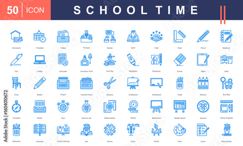 School Time icon set featuring essential classroom tools, subjects, and activities—ideal for educational content, school design materials, academic platforms, and back-to-school promotions.