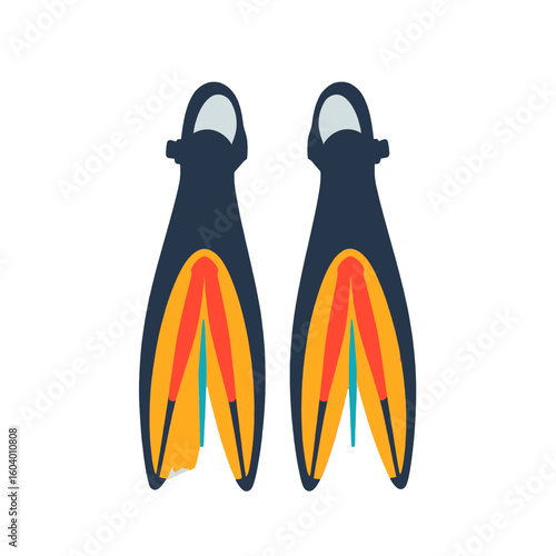 Pair of dark blue, orange, and red open-heel scuba fins in a flat vector style.