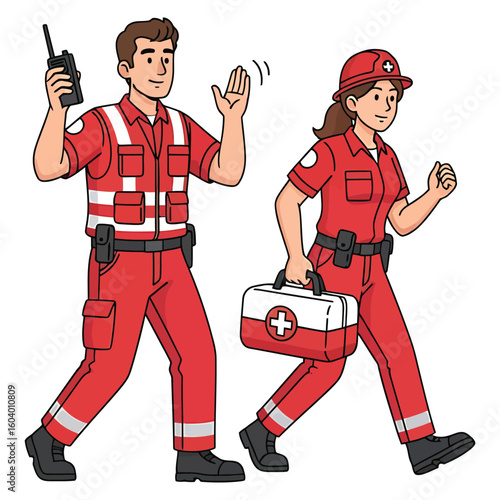 Paramedic team with first aid kit and radio responding to an emergency call