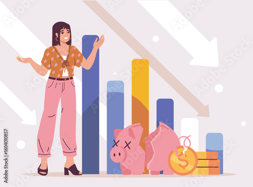 Woman looking worried near bar chart with declining arrows, broken piggy bank, and shattered coin, on light abstract background. Concept of economic failure. Vector illustration