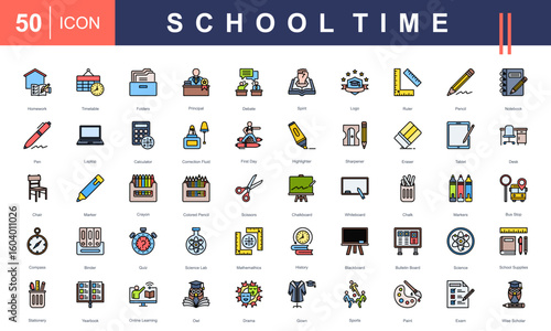 School Time icon set featuring essential classroom tools, subjects, and activities—ideal for educational content, school design materials, academic platforms, and back-to-school promotions.