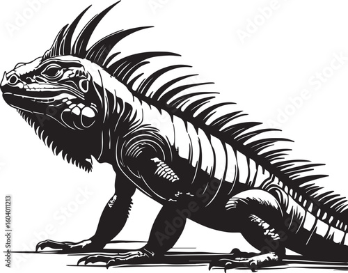 Cute green iguana cartoon on black and white background vector illustration