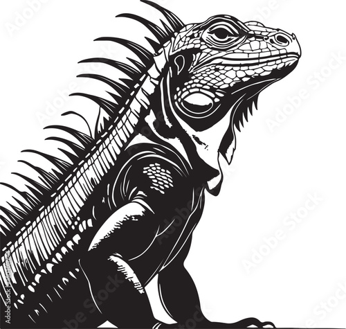 Green iguana resting on tree branch closeup