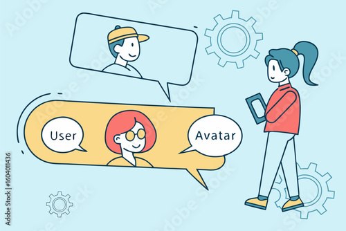 Illustration of a woman with a tablet interacting with user avatars and gear icons on a light blue background