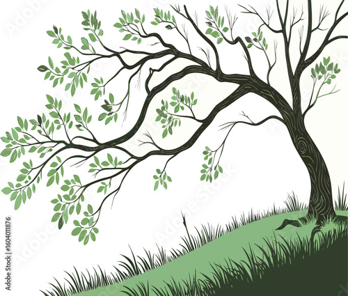 Whimsical tree with lush green leaves gracefully bending in the breeze, a serene natural scene for peaceful designs and calming illustrations