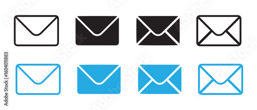 Email envelope icons set in blue and black color. Mail symbol collection. Envelope icon line and silhouette style. Envelope, email message and mail buttons. Notification new message icons.