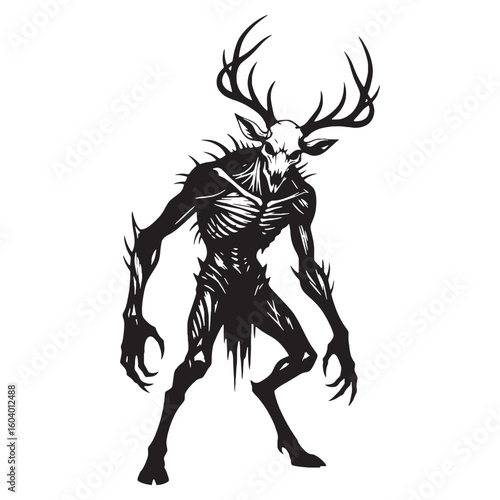 The frozen forest stalker – Wendigo silhouette emerging from skeletal Wendigo vector – Wendigo illustration – Halloween silhouette

