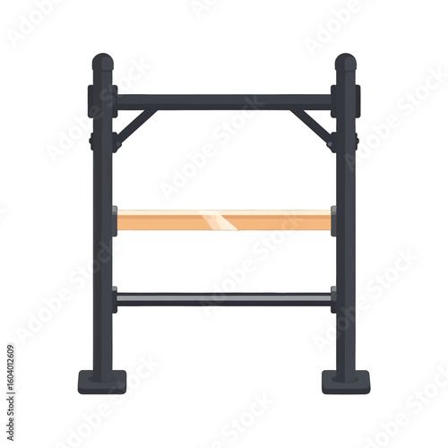 Black metal equestrian jump with a single light wooden pole, isolated vector illustration.