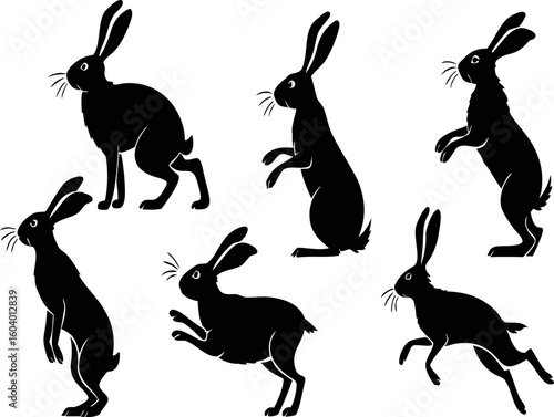 Dynamic silhouettes of rabbits in various poses, perfect for creating engaging designs, logos, and springtime themes with a touch of nature