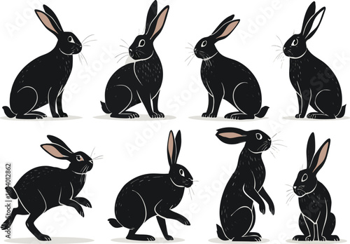 Charming collection of black rabbits in various poses, perfect for Easter designs, springtime projects, or adding a whimsical touch to your creative work