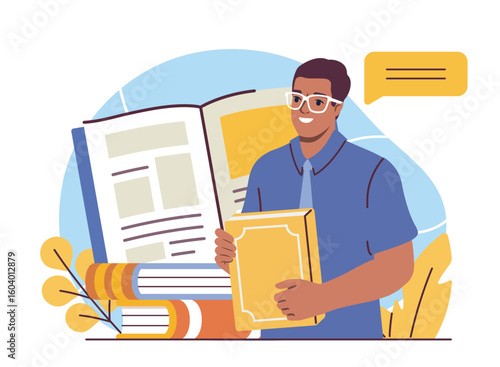 Man smiling and holding a yellow book, surrounded by large open books and stacked books, flat graphic style, on white background. Concept of education. Vector illustration