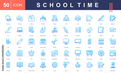 School Time icon set featuring essential classroom tools, subjects, and activities—ideal for educational content, school design materials, academic platforms, and back-to-school promotions.
