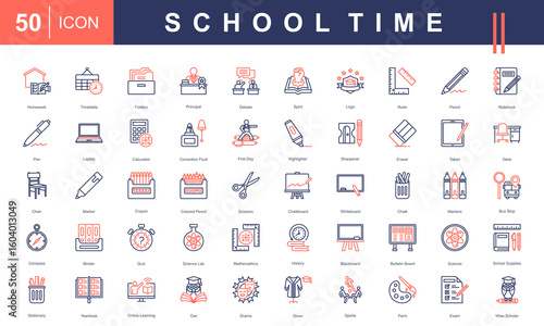 School Time icon set featuring essential classroom tools, subjects, and activities—ideal for educational content, school design materials, academic platforms, and back-to-school promotions.
