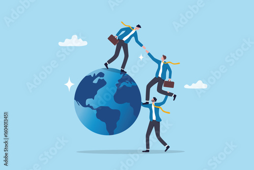 International world business expansion, community network support to growing global company success,  overseas opportunity worldwide, business people help partner to climb on top of world earth.