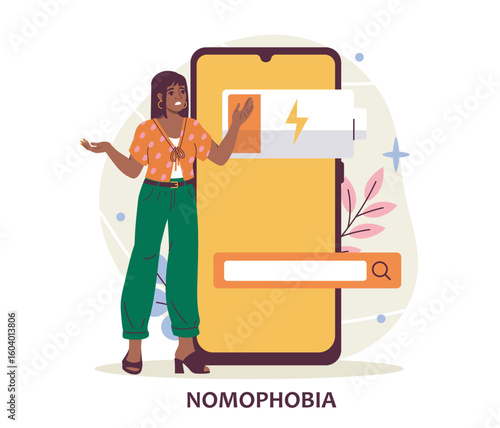 Woman looking stressed near smartphone with low battery icon, flat cartoon style, on white background with abstract elements, concept of nomophobia. Vector illustration